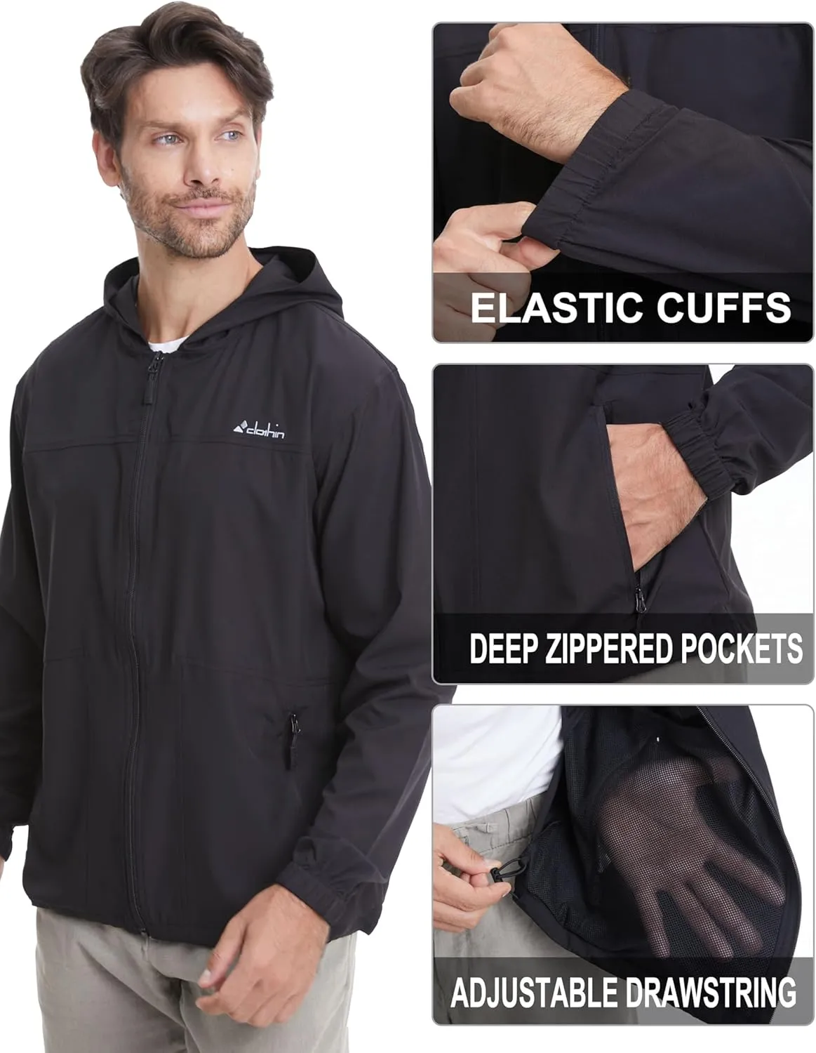 clothin Mens Lightweight Running Jacket with Hood Zip Pockets for Fishing Hiking Travel