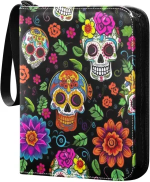 Colorful Dead Skulls Card Binder 4-Pocket, 400 Pockets Card Holder with 50 Removable Sleeves and Zipper for Games Baseball Football Sports Card