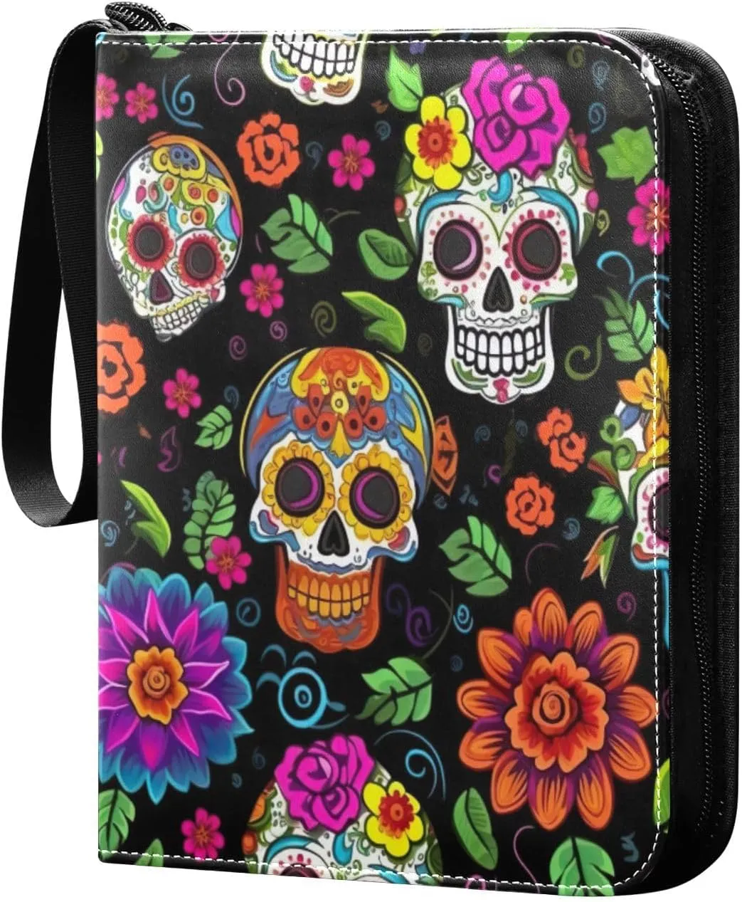 Colorful Dead Skulls Card Binder 4-Pocket, 400 Pockets Card Holder with 50 Removable Sleeves and Zipper for Games Baseball Football Sports Card