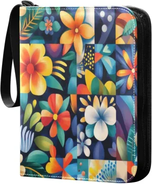 Colorful Flowers Card Binder 4-Pocket, 400 Pockets Card Holder with 50 Removable Sleeves and Zipper for Games Baseball Football Sports Card
