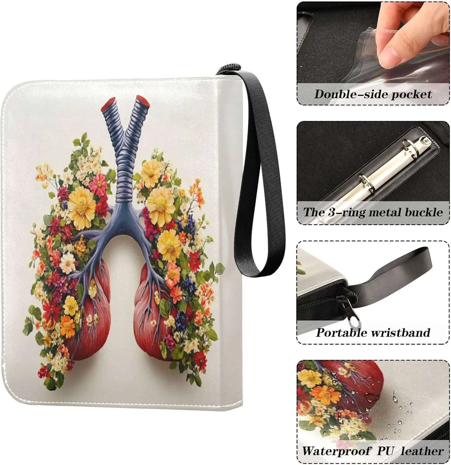 Colorful Lungs Flowers Card Binders 4 Pocket Trading Card Storage with Sleeves Zip up Binder