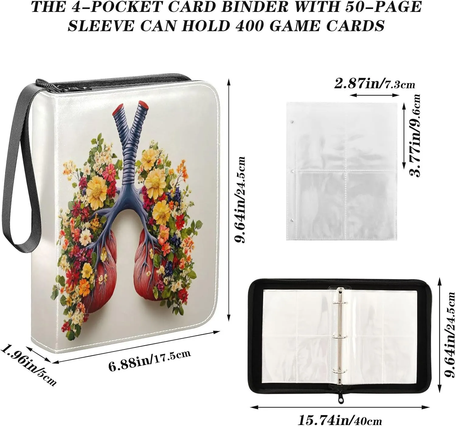 Colorful Lungs Flowers Card Binders 4 Pocket Trading Card Storage with Sleeves Zip up Binder
