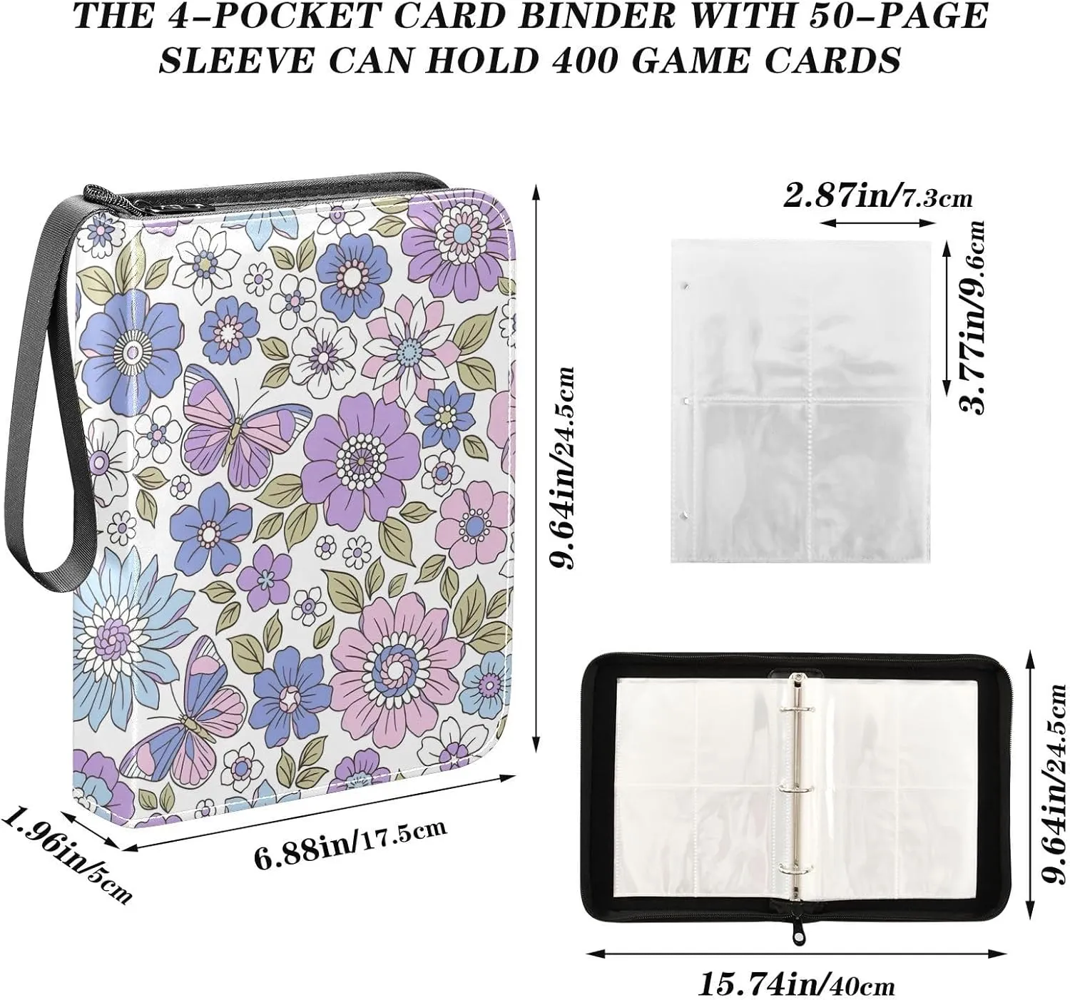Colorful Style Retro Flowers Card Holder Binder for Trading Cards, 3ring Binder Cards with Sleeves Card Album