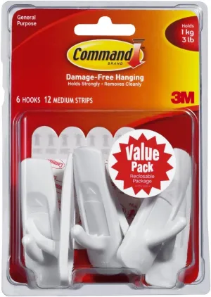 Command 2-packages of 3 lb Capacity White Utility Hooks, 12 hooks total, Decorate Damage-Free, Medium (17001-6ES)