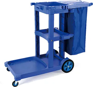 Commercial Traditional Cleaning 3-Shelf Janitorial Cart, Housekeeping Cart, Wheeled with Vinyl Bag and Cover w Lid,Blue