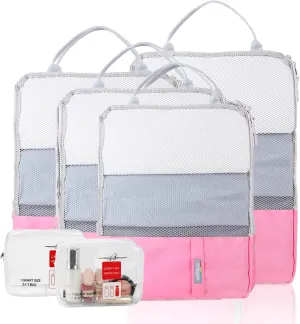 Compression Packing Cubes, 6 Pcs/Set Packing Organizers for Travel, Expandable Luggage Organizer with Toiletry Bag(Pink)
