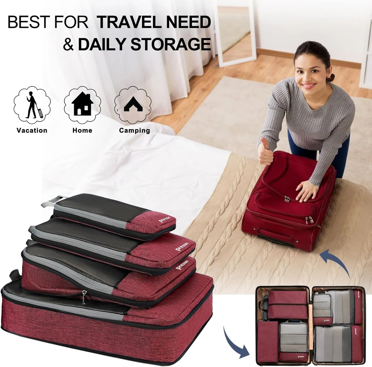 Compression Packing Cubes, Extensible Suitcase Organiser, Packing Organisers for Suitcases, Packing Cubes for Travel or Home Storage（4Set-Red）