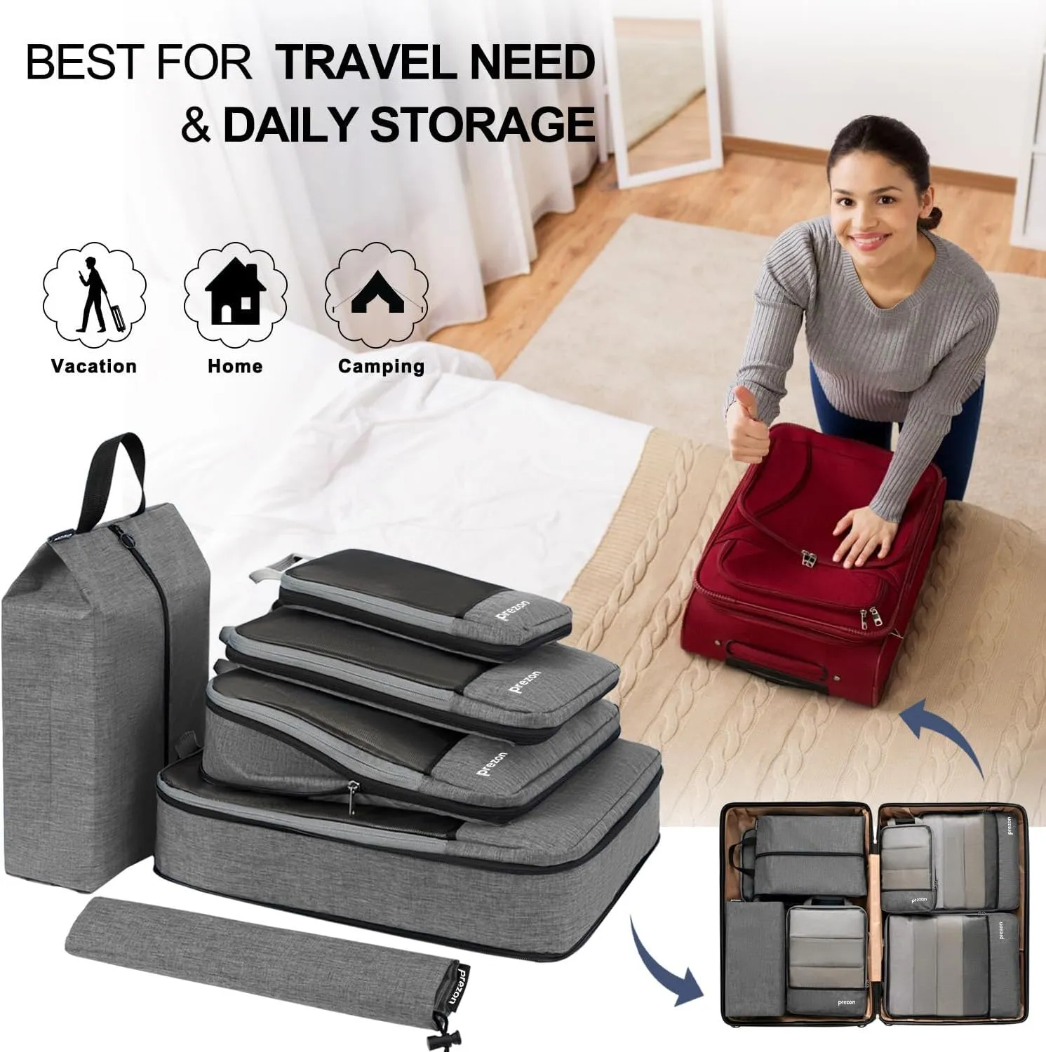 Compression Packing Cubes, Extensible Suitcase Organiser, Packing Organisers for Suitcases, Packing Cubes for Travel or Home Storage（6Set-Grey）