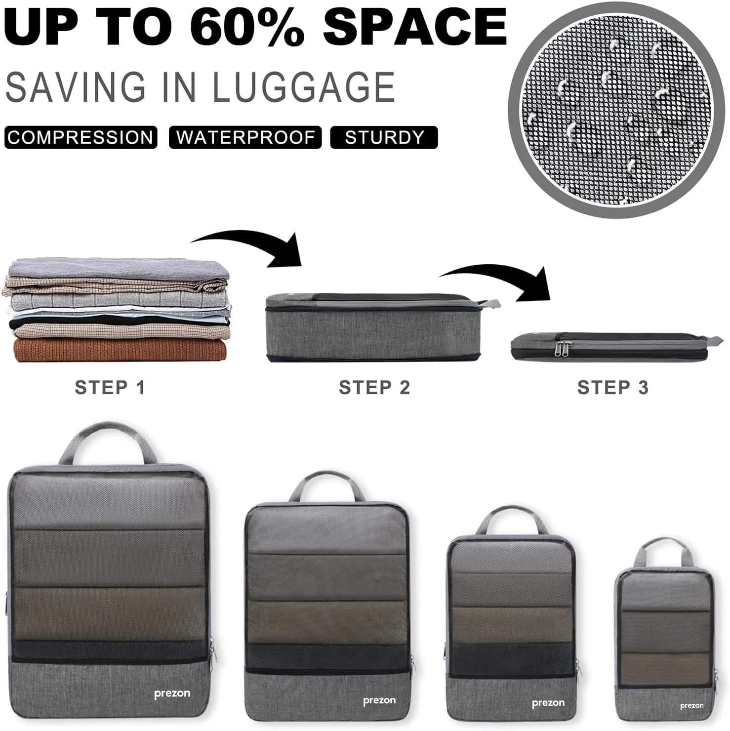 Compression Packing Cubes, Extensible Suitcase Organiser, Packing Organisers for Suitcases, Packing Cubes for Travel or Home Storage（6Set-Grey）