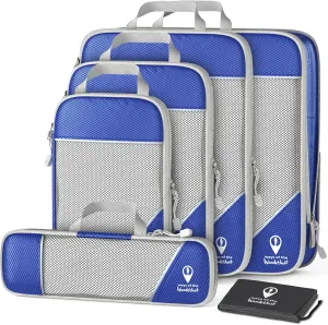 Compression Packing Cubes for Travel Women, w/Shoe Bag (6 Piece Set) - Expandable Travel Compression Bags for Packing - Suitcases, Backpack & Luggage Compression Cubes (Blue)