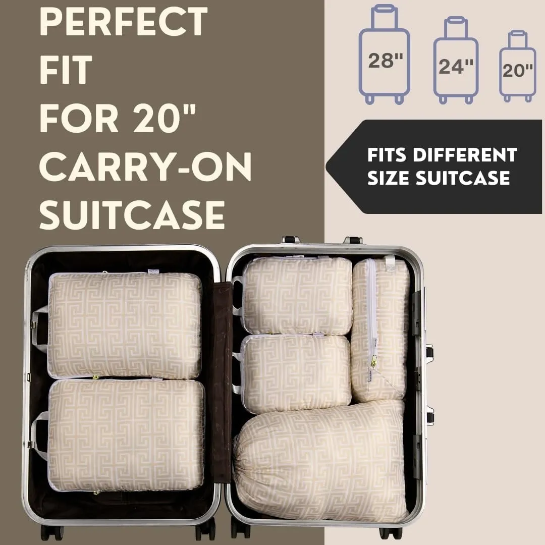 Compression Packing Cubes Travel Essentials - Ultralight Water Resistant Luggage Organizer & Space Saver Bags for Carry On Suitcase with Drawstring Backpack/Laundry Bag - 6pc Set - Beige Boho