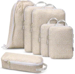 Compression Packing Cubes Travel Essentials - Ultralight Water Resistant Luggage Organizer & Space Saver Bags for Carry On Suitcase with Drawstring Backpack/Laundry Bag - 6pc Set - Beige Boho