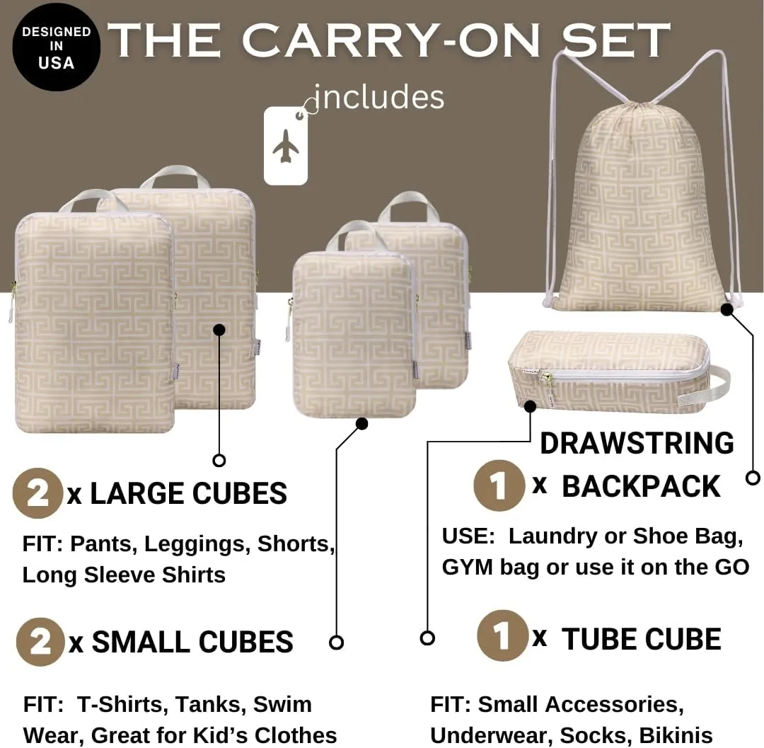 Compression Packing Cubes Travel Essentials - Ultralight Water Resistant Luggage Organizer & Space Saver Bags for Carry On Suitcase with Drawstring Backpack/Laundry Bag - 6pc Set - Beige Boho