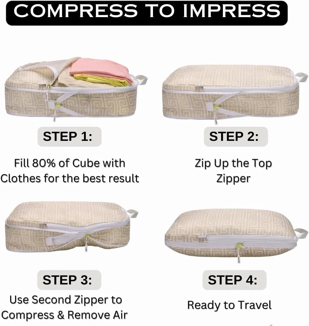 Compression Packing Cubes Travel Essentials - Ultralight Water Resistant Luggage Organizer & Space Saver Bags for Carry On Suitcase with Drawstring Backpack/Laundry Bag - 6pc Set - Beige Boho