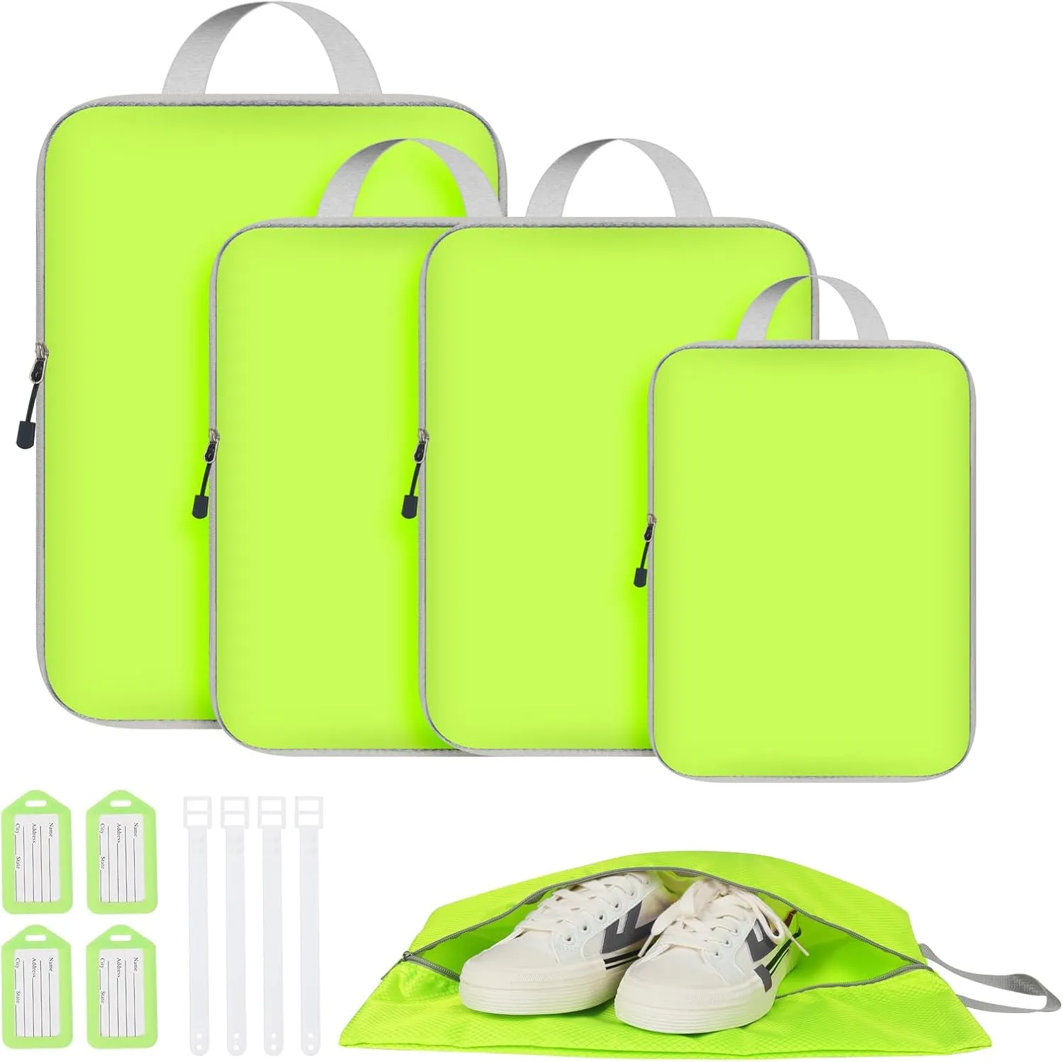 Compression Packing Cubes,5 Set Compression Packing Cubes Travel,Travel Packing Cubes Suitcases Organizer with 4 Luggage Cards Expandable Storage Packing Organizers with Shoe Bag Travel Essentials