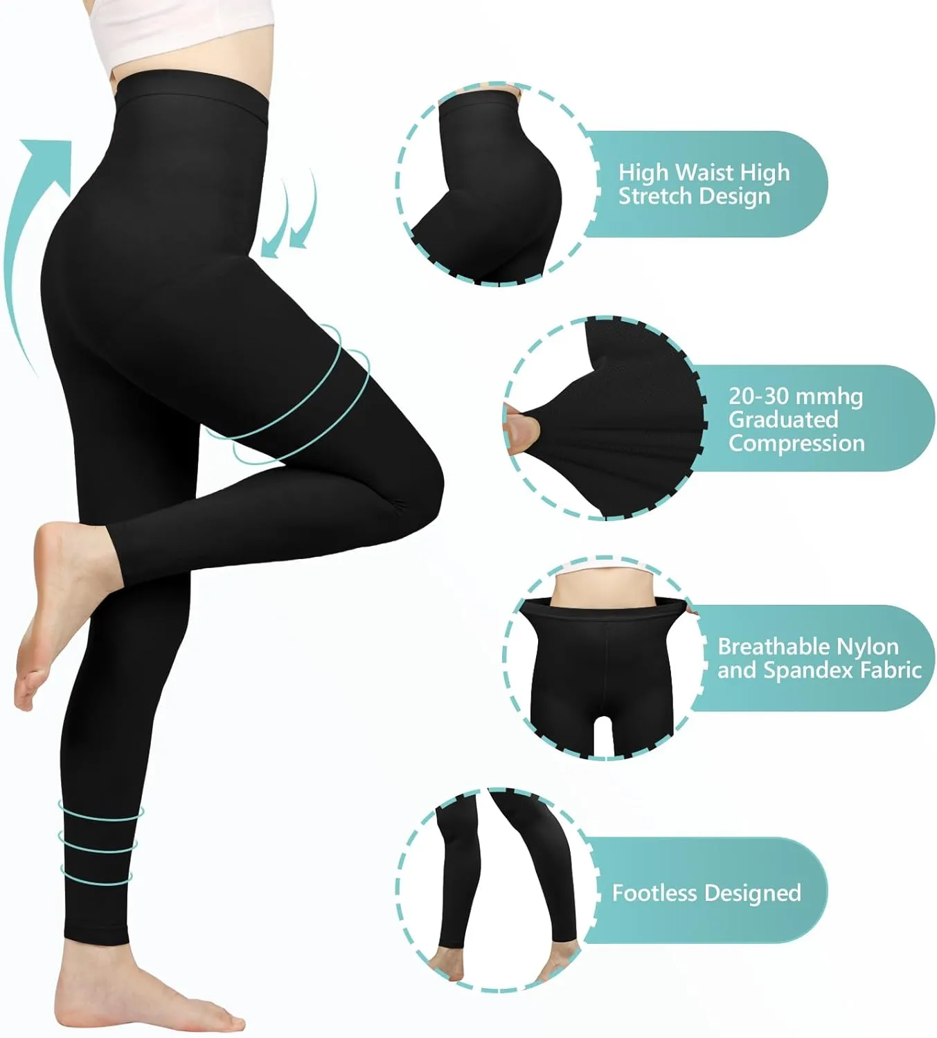 Compression Pantyhose for Women, 20-30 mmHg Footless Medical Compression Stockings, Waist High Opaque Graduated Support Compression Hose Tights for Edema, Varicose Veins, Swelling