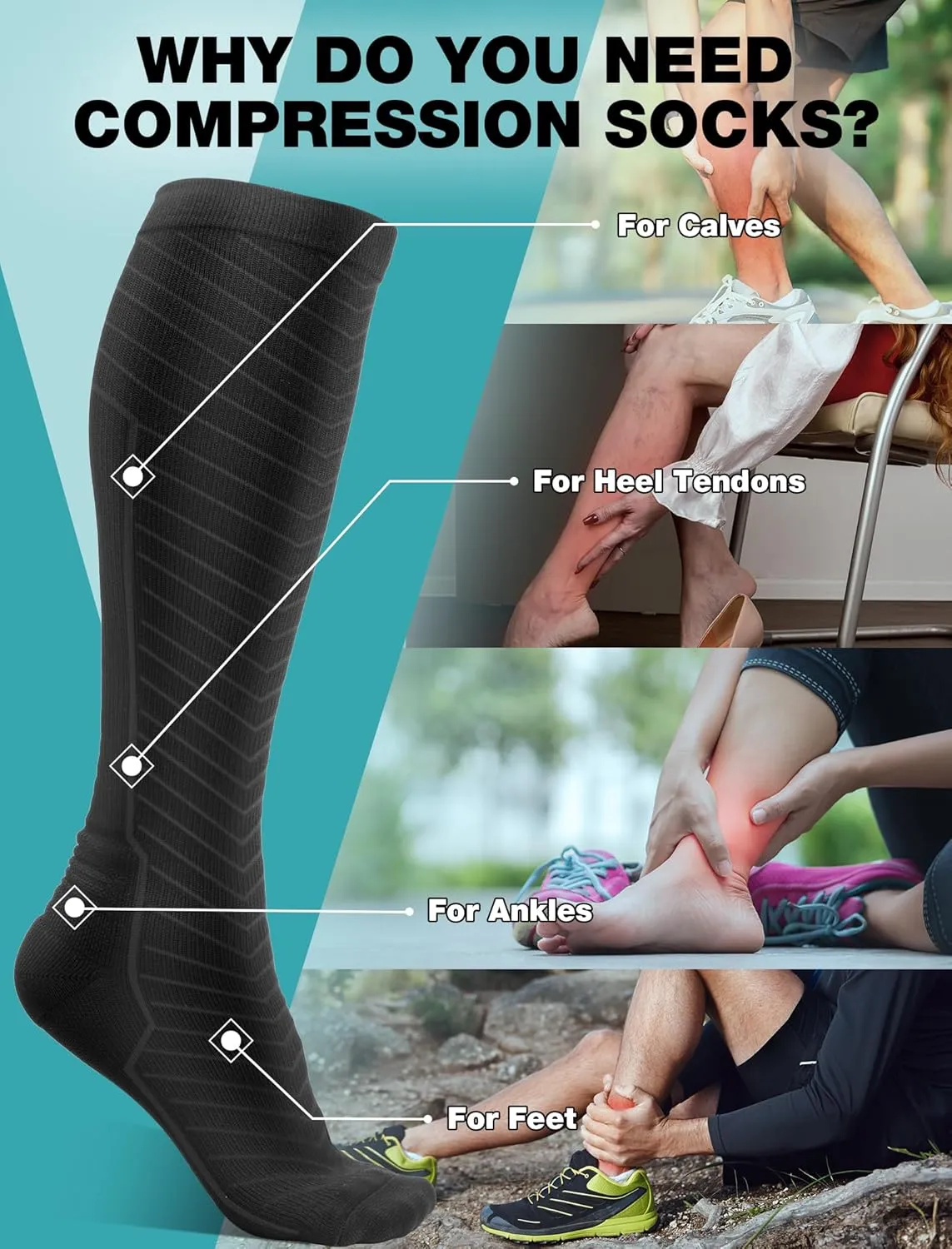Compression Socks for Men & Women (2/4/6 Pairs) 20-30 mmHg Graduated Compression Knee High for Running, Athletic