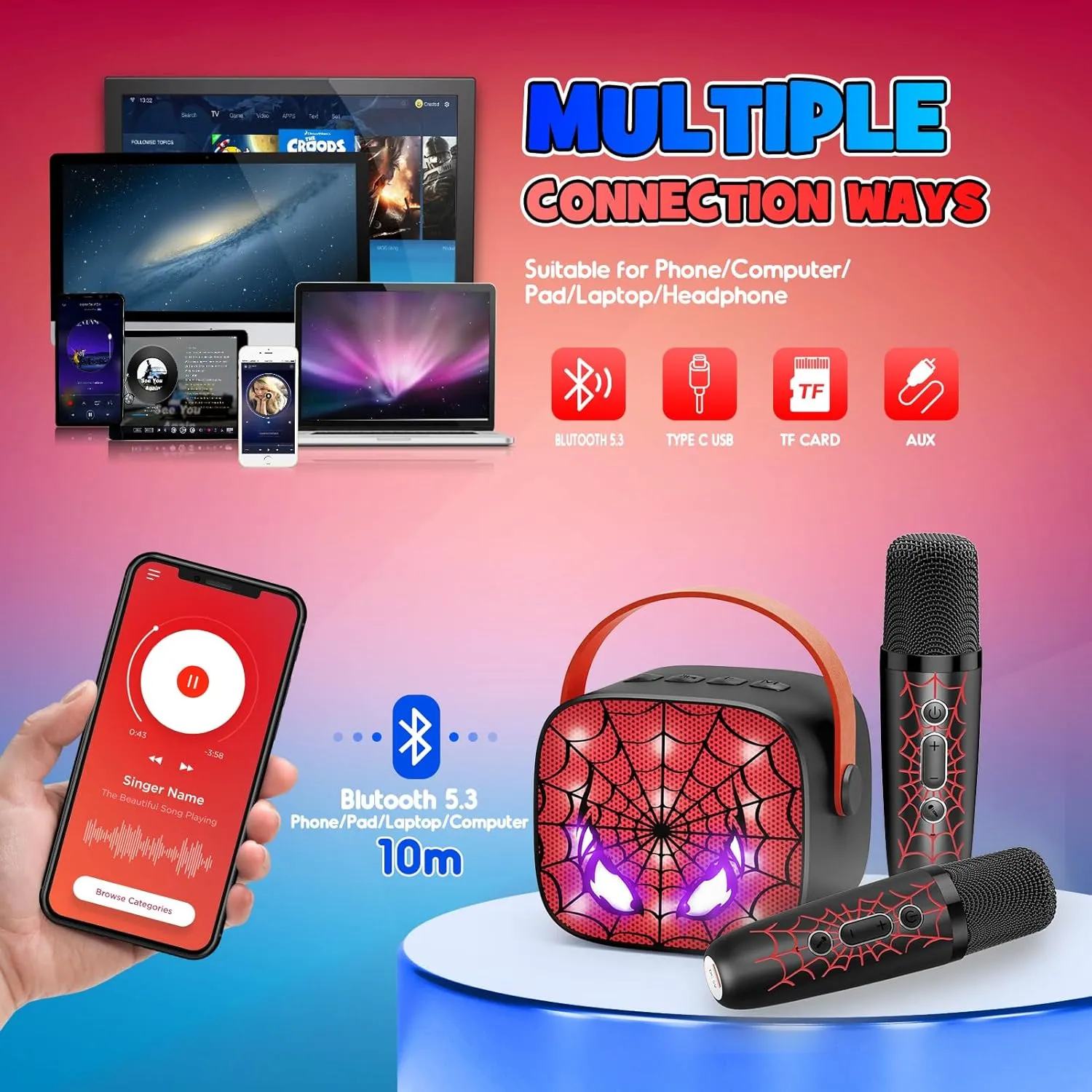 Cool Mini Karaoke Machine Toys: Kids Toys Birthday Gifts Age 3-12  LED Portable Bluetooth Speaker with 2 Wireless Microphone Gift Toy for 4 5 6 7 8 9 Years Old Girls Boys Kid Adults