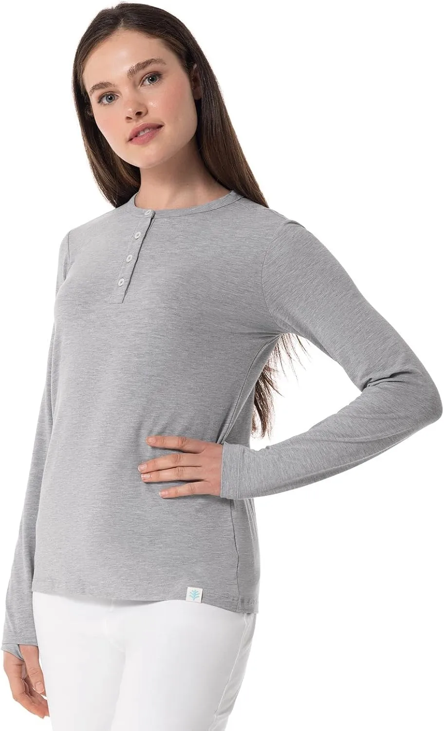 Coolibar UPF 50  Women's Hallandale Long Sleeve, Henley, Heather Grey, X-Small - Sun Protective