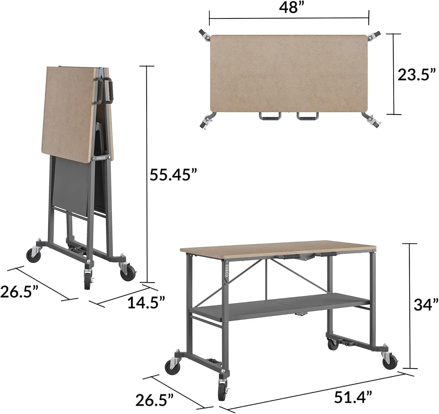 COSCO SmartFold Portable Workbench/Folding Utility Table with Locking Casters, 600 lb. Capacity, MDF Top