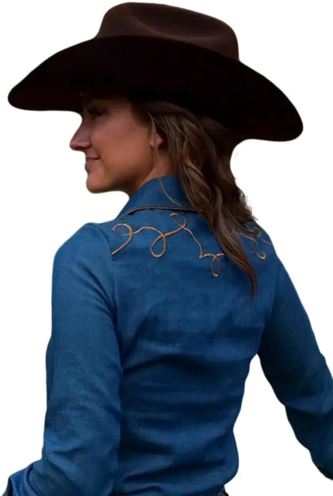 Cowgirl Tuff Western Shirt Womens L/S Denim Suede Blue 100917