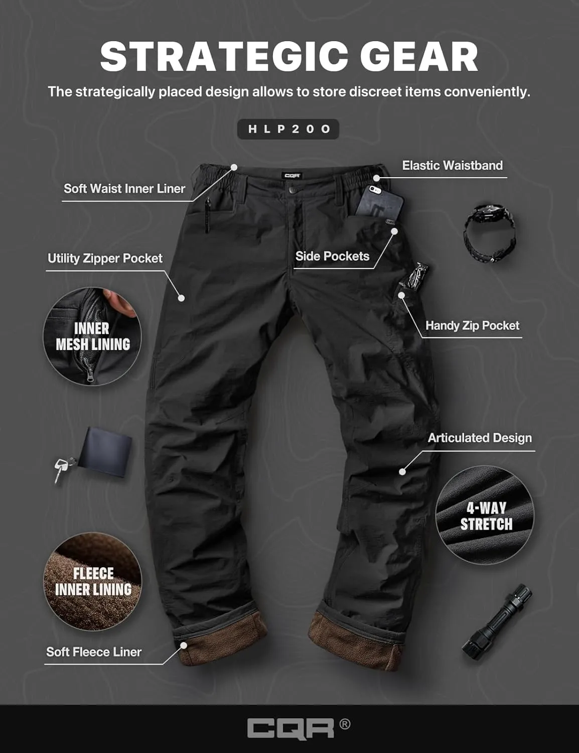 CQR Men's Winter Fleece Lined Pants, Water-Resistant Outdoor Stretch Work Pants, Windproof Casual Pants with Pockets