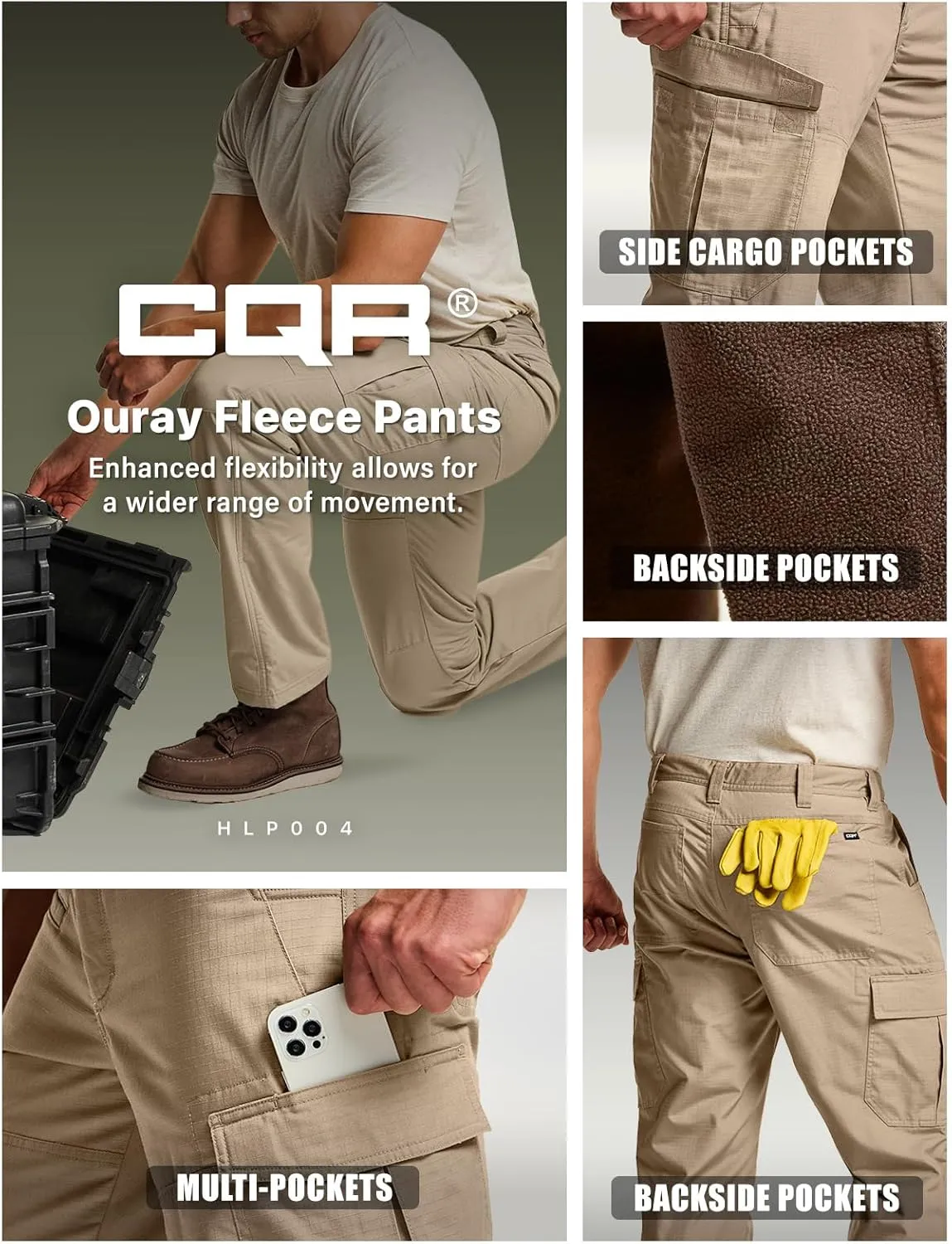 CQR Men's Winter Tactical Cargo Pants, Thermal Fleece Lined Outdoor Snow Ski Hiking Work