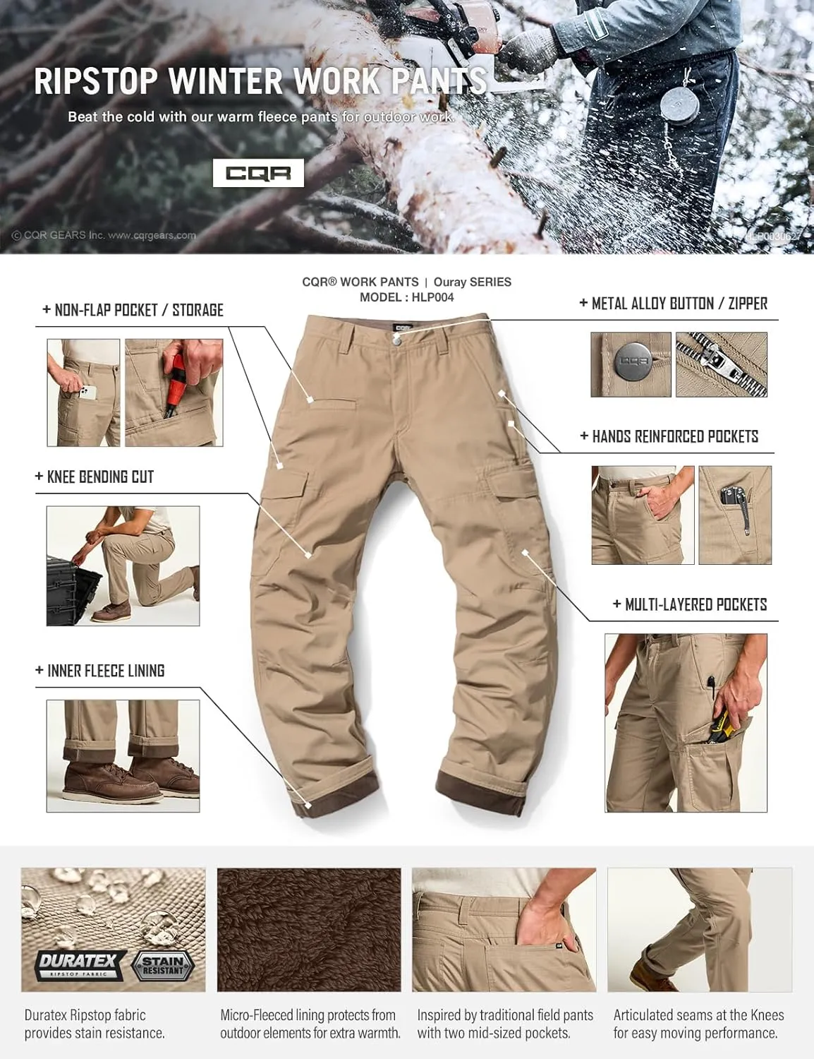 CQR Men's Winter Tactical Cargo Pants, Thermal Fleece Lined Outdoor Snow Ski Hiking Work