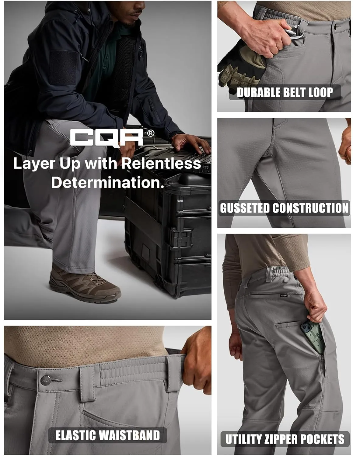 CQR Men's Winter Waterproof Softshell Fleece-Lined Snow Ski Pants, Thermal Outdoor Cargo Work Hiking Pants