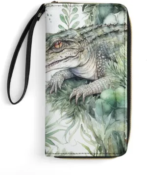 Crocodile Green Leather Wallet Smooth Zip Around Clutch Wristlet Travel Long Soft Purse for Women