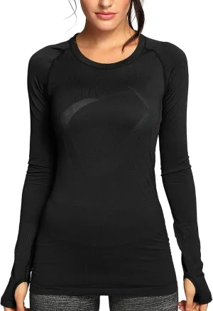 CRZ YOGA Women's Seamless Athletic Long Sleeves Sports Running Shirt Breathable Gym Workout Top Black-Slim Fit X-Large