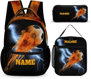 Custom Ball Fire Backpack Set 3 in 1 Personalized Add Your Name School Bag with Lunch Bag Pencil Case Customized Backpack for Kids Girls Boys