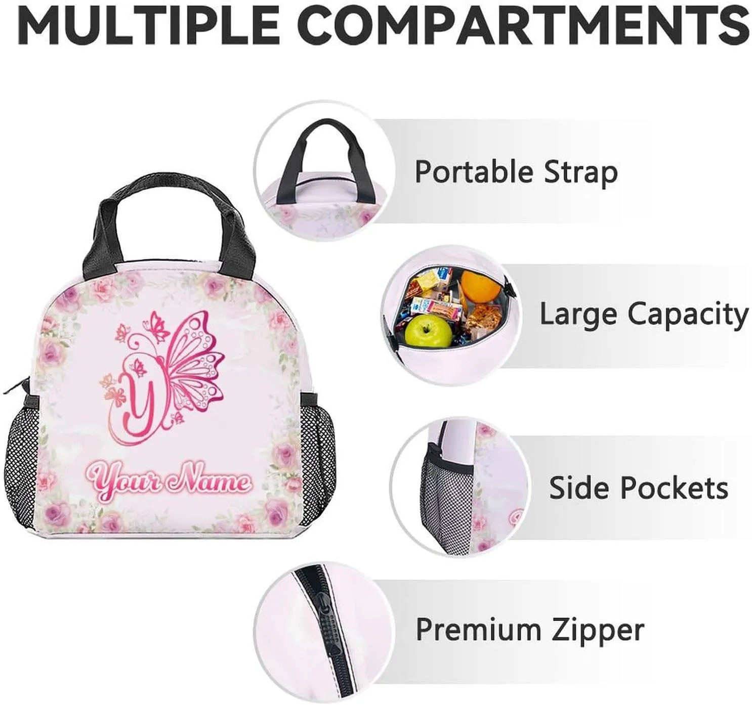 Custom Butterfly Backpack with Lunch Box and Pencil Case Set, 3 in 1 Matching Kids Backpacks Combo, Pink Aesthetic Bookbag and Pencil Case Bundle