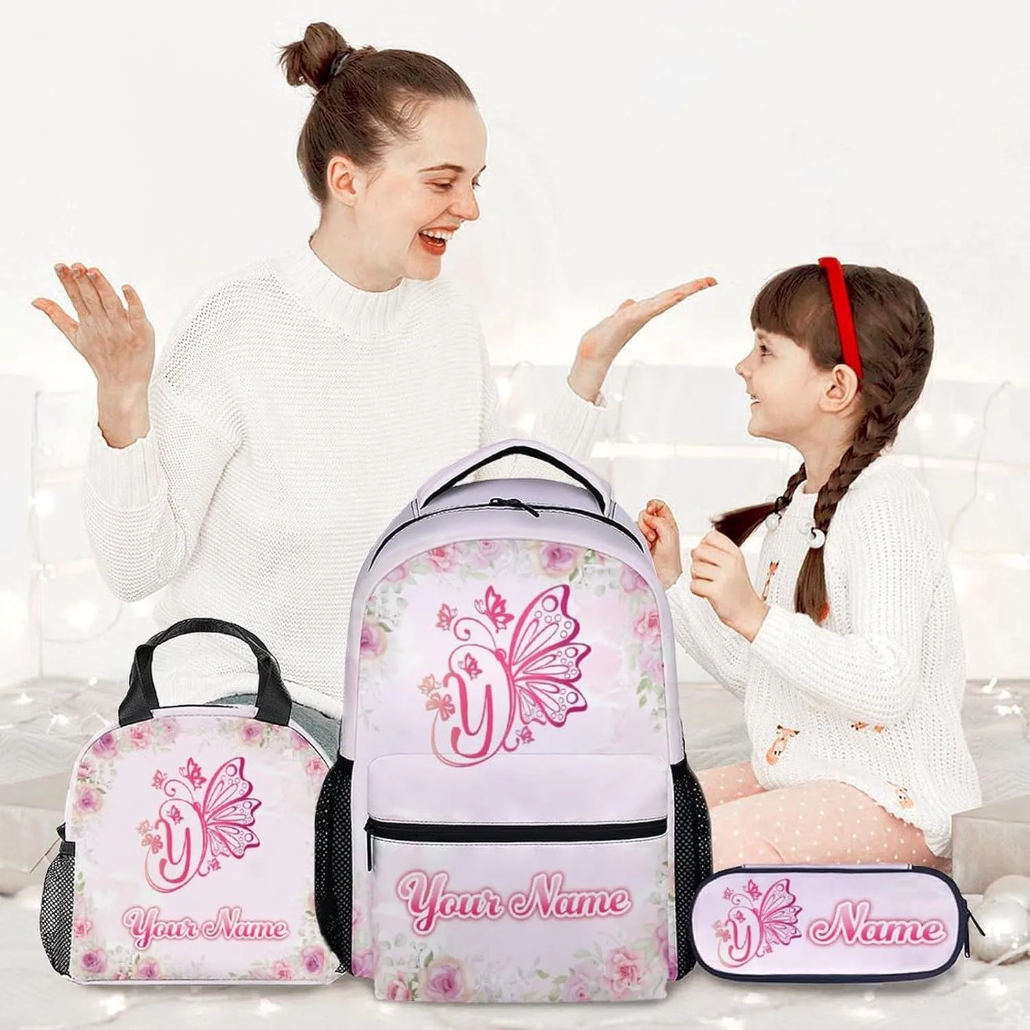 Custom Butterfly Backpack with Lunch Box and Pencil Case Set, 3 in 1 Matching Kids Backpacks Combo, Pink Aesthetic Bookbag and Pencil Case Bundle