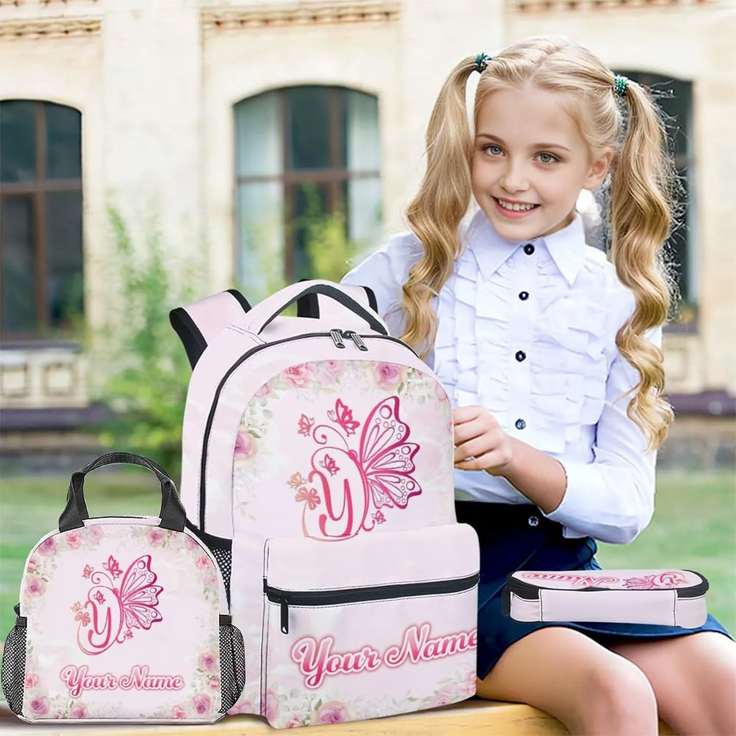 Custom Butterfly Backpack with Lunch Box and Pencil Case Set, 3 in 1 Matching Kids Backpacks Combo, Pink Aesthetic Bookbag and Pencil Case Bundle