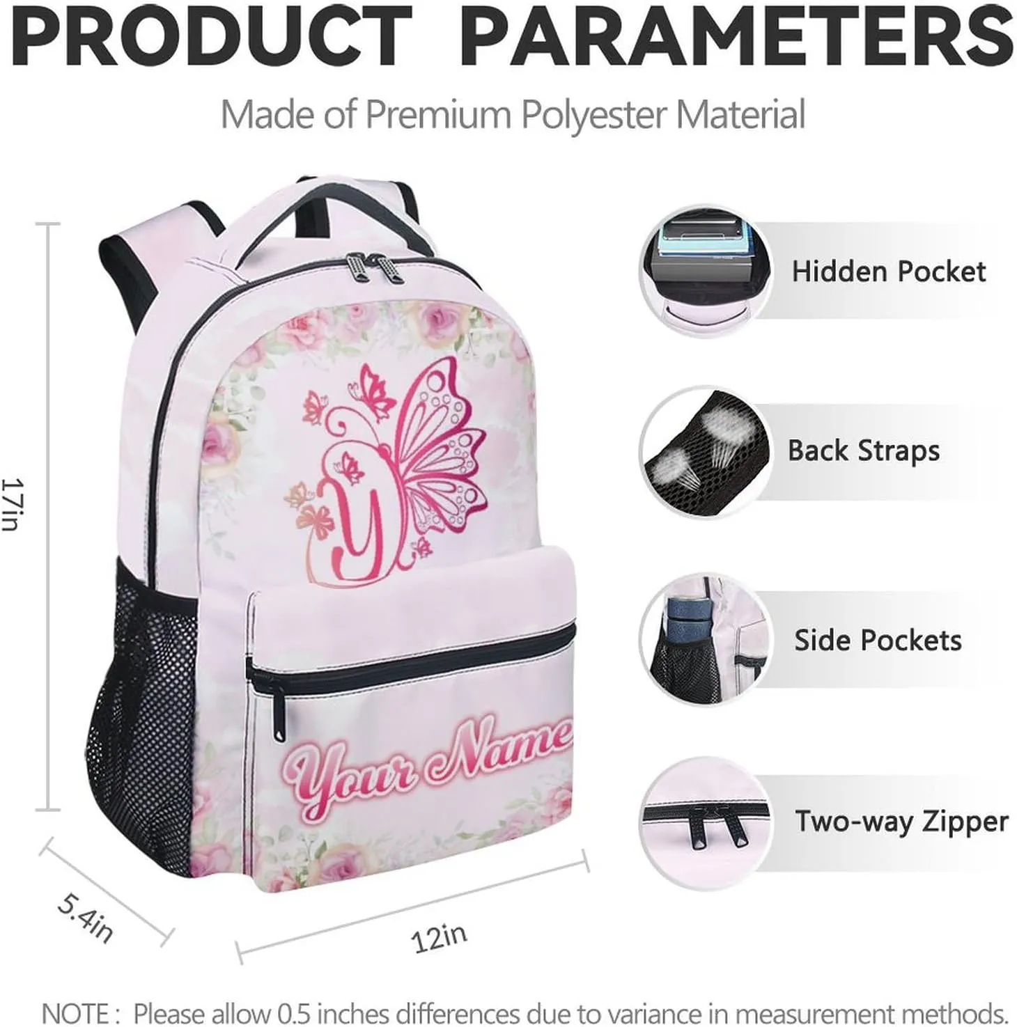 Custom Butterfly Backpack with Lunch Box and Pencil Case Set, 3 in 1 Matching Kids Backpacks Combo, Pink Aesthetic Bookbag and Pencil Case Bundle