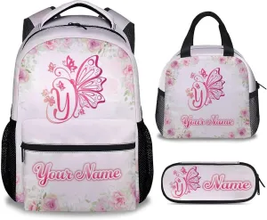 Custom Butterfly Backpack with Lunch Box and Pencil Case Set, 3 in 1 Matching Kids Backpacks Combo, Pink Aesthetic Bookbag and Pencil Case Bundle