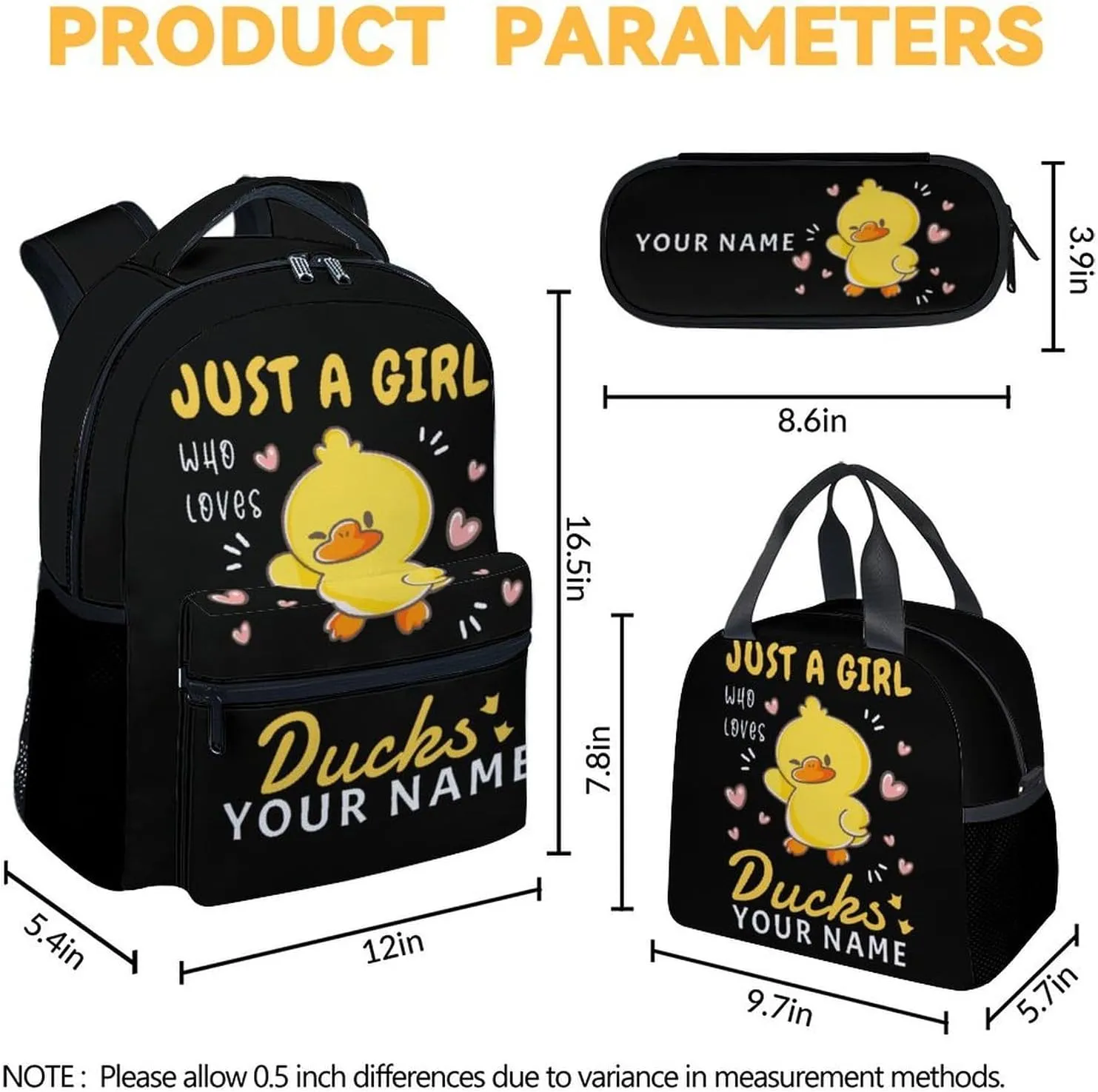 Custom Duck Kids Backpack with Lunch Box, Set of 3 School Backpacks Matching Combo, Cute Black Bookbag and Pencil Case Bundle