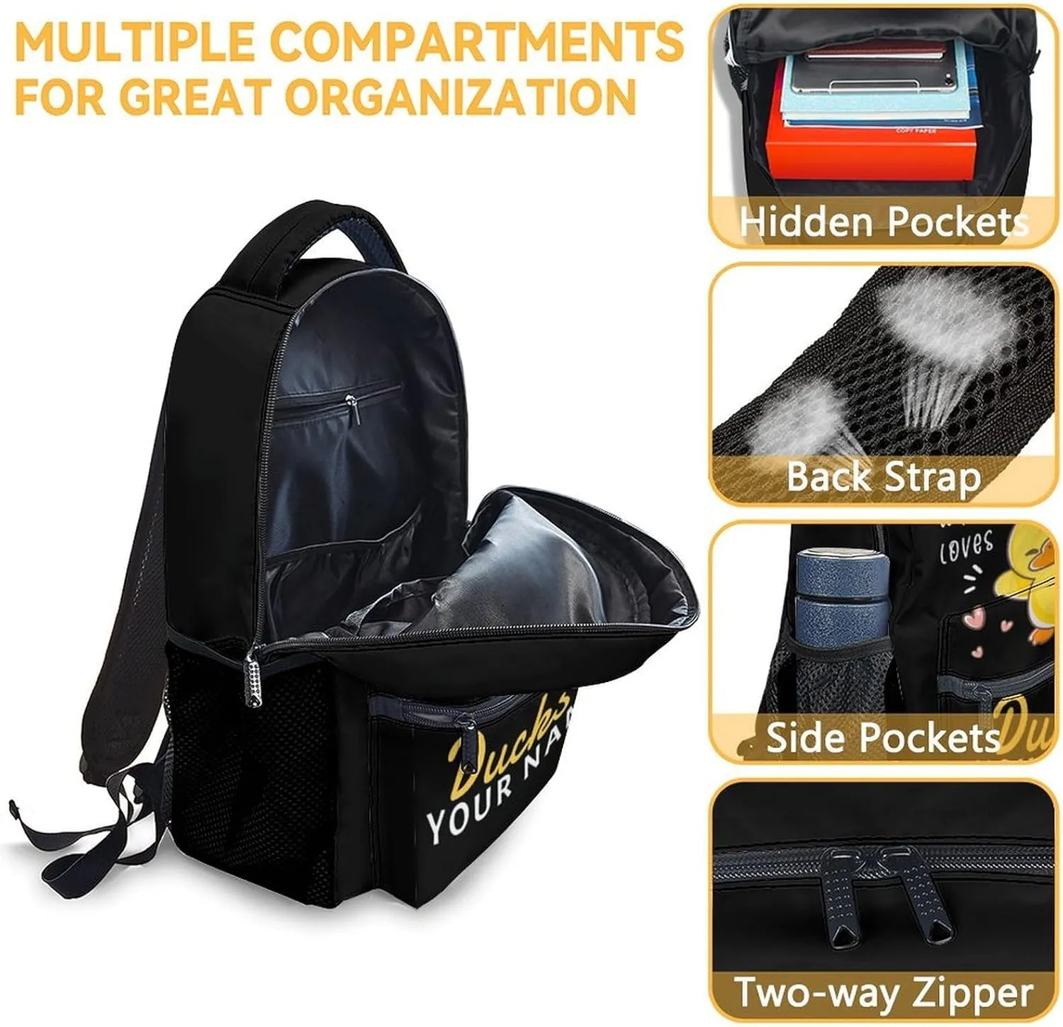 Custom Duck Kids Backpack with Lunch Box, Set of 3 School Backpacks Matching Combo, Cute Black Bookbag and Pencil Case Bundle