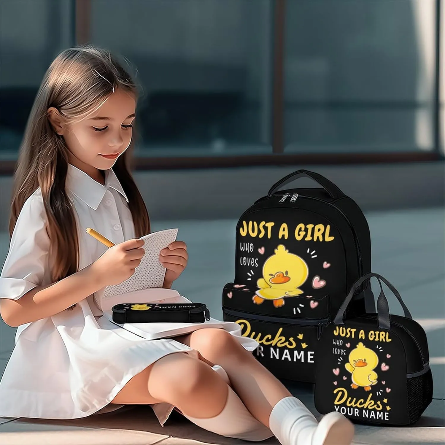 Custom Duck Kids Backpack with Lunch Box, Set of 3 School Backpacks Matching Combo, Cute Black Bookbag and Pencil Case Bundle