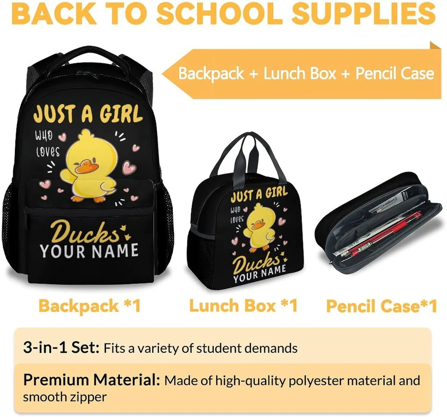 Custom Duck Kids Backpack with Lunch Box, Set of 3 School Backpacks Matching Combo, Cute Black Bookbag and Pencil Case Bundle