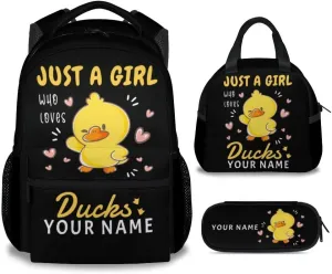 Custom Duck Kids Backpack with Lunch Box, Set of 3 School Backpacks Matching Combo, Cute Black Bookbag and Pencil Case Bundle