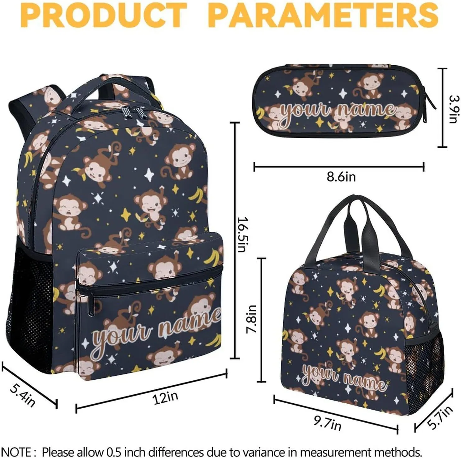 Custom Monkey Backpack with Lunch Box Set, 3Pcs Cartoon Monkey Backpacks Matching Combo for Girls & Kids, Cute Black Bookbag and Pencil Pouch Bundle
