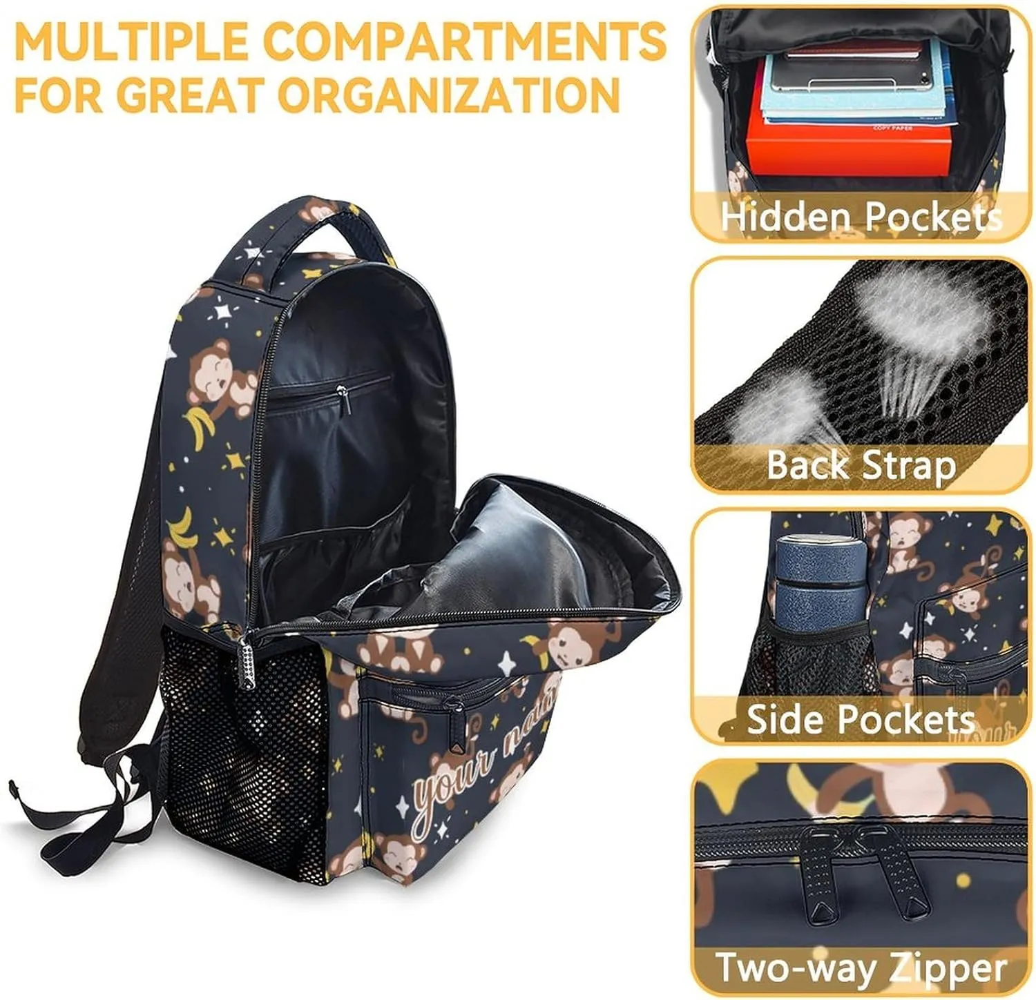 Custom Monkey Backpack with Lunch Box Set, 3Pcs Cartoon Monkey Backpacks Matching Combo for Girls & Kids, Cute Black Bookbag and Pencil Pouch Bundle