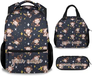 Custom Monkey Backpack with Lunch Box Set, 3Pcs Cartoon Monkey Backpacks Matching Combo for Girls & Kids, Cute Black Bookbag and Pencil Pouch Bundle