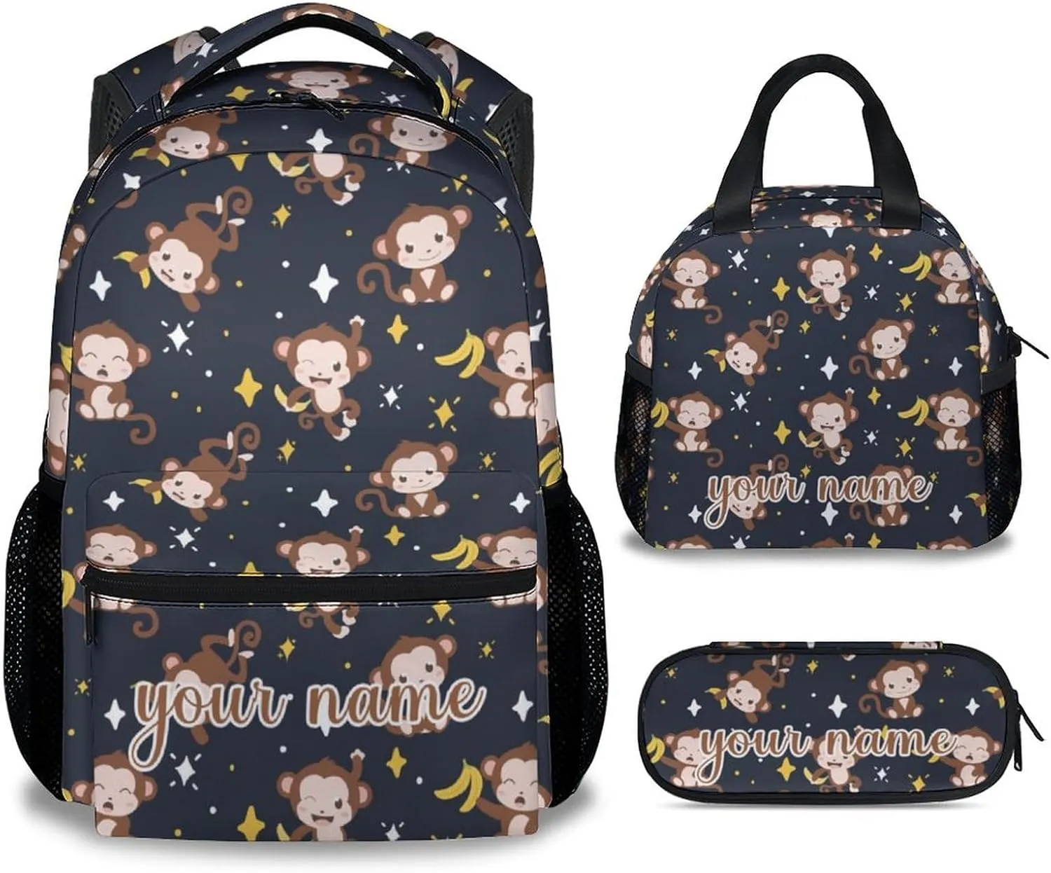 Custom Monkey Backpack with Lunch Box Set, 3Pcs Cartoon Monkey Backpacks Matching Combo for Girls & Kids, Cute Black Bookbag and Pencil Pouch Bundle
