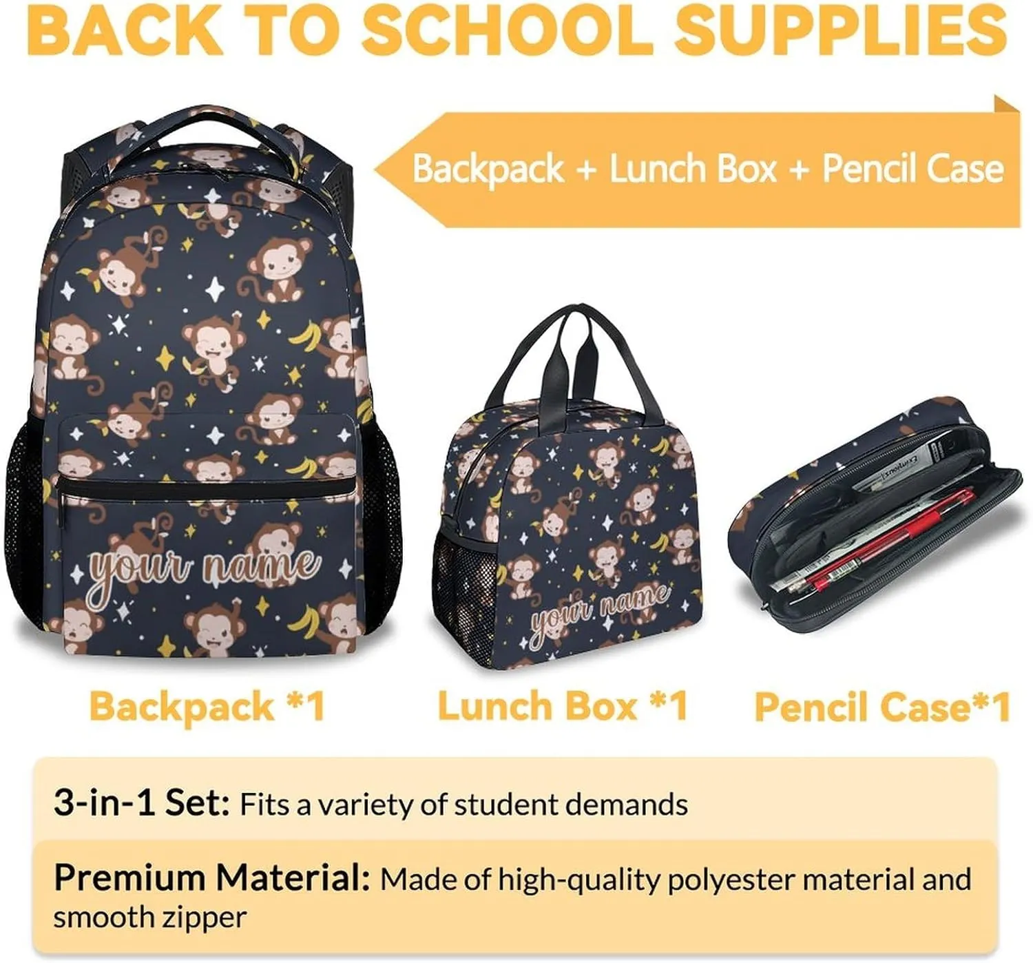 Custom Monkey Backpack with Lunch Box Set, 3Pcs Cartoon Monkey Backpacks Matching Combo for Girls & Kids, Cute Black Bookbag and Pencil Pouch Bundle