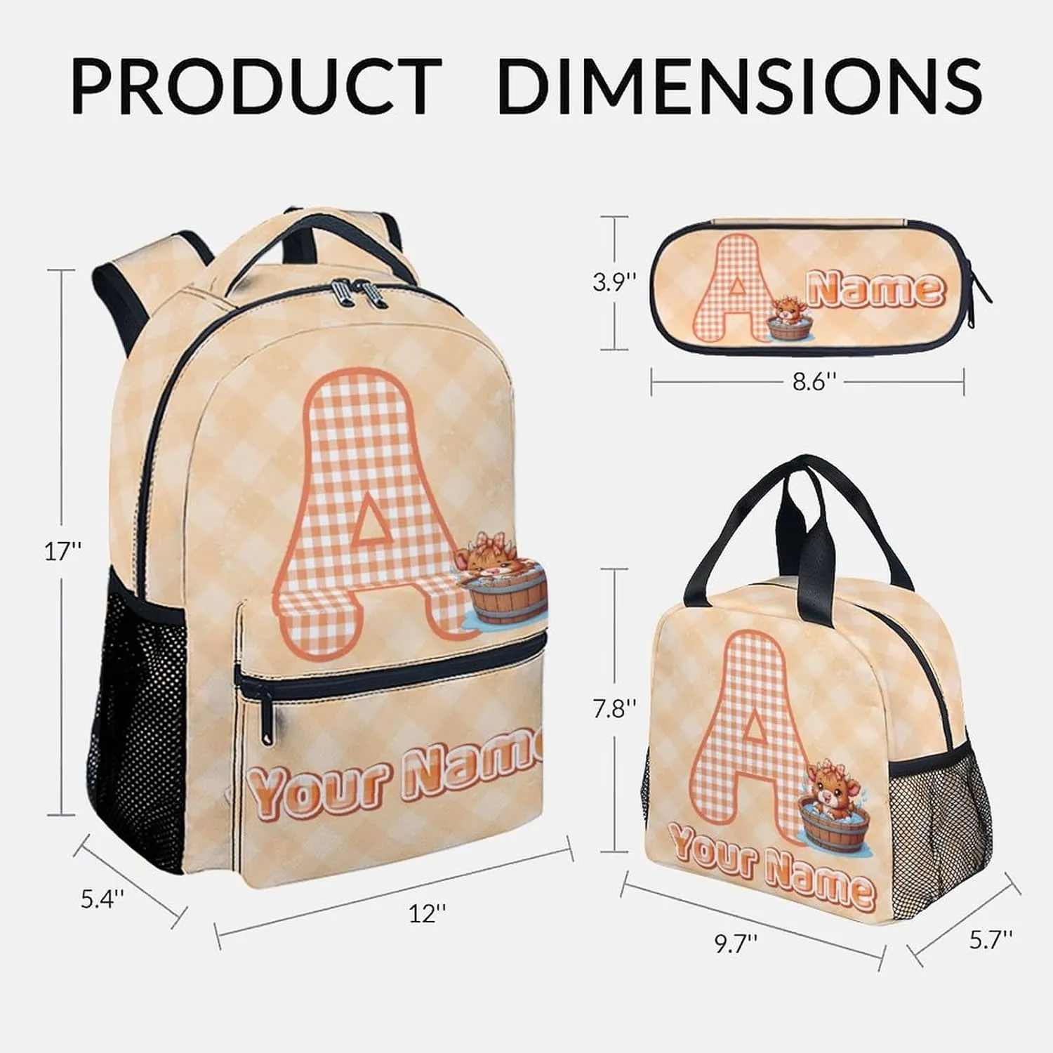Custom School Bookbag Set, Highland Cow Backpack for Kids, Personalized Girls Backpacks with Name, 17 Inch Cute Monogram Bookbags with Lunch Box and Pencil Case