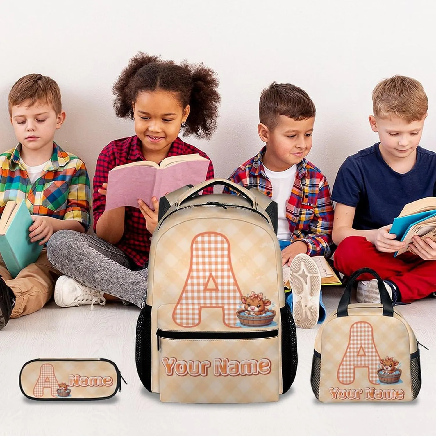 Custom School Bookbag Set, Highland Cow Backpack for Kids, Personalized Girls Backpacks with Name, 17 Inch Cute Monogram Bookbags with Lunch Box and Pencil Case