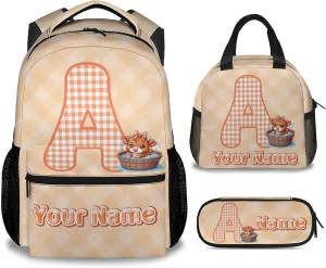 Custom School Bookbag Set, Highland Cow Backpack for Kids, Personalized Girls Backpacks with Name, 17 Inch Cute Monogram Bookbags with Lunch Box and Pencil Case